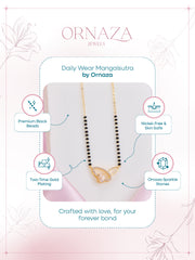 Mangalsutra necklace on a display card with 'Ornaza' branding and product features.