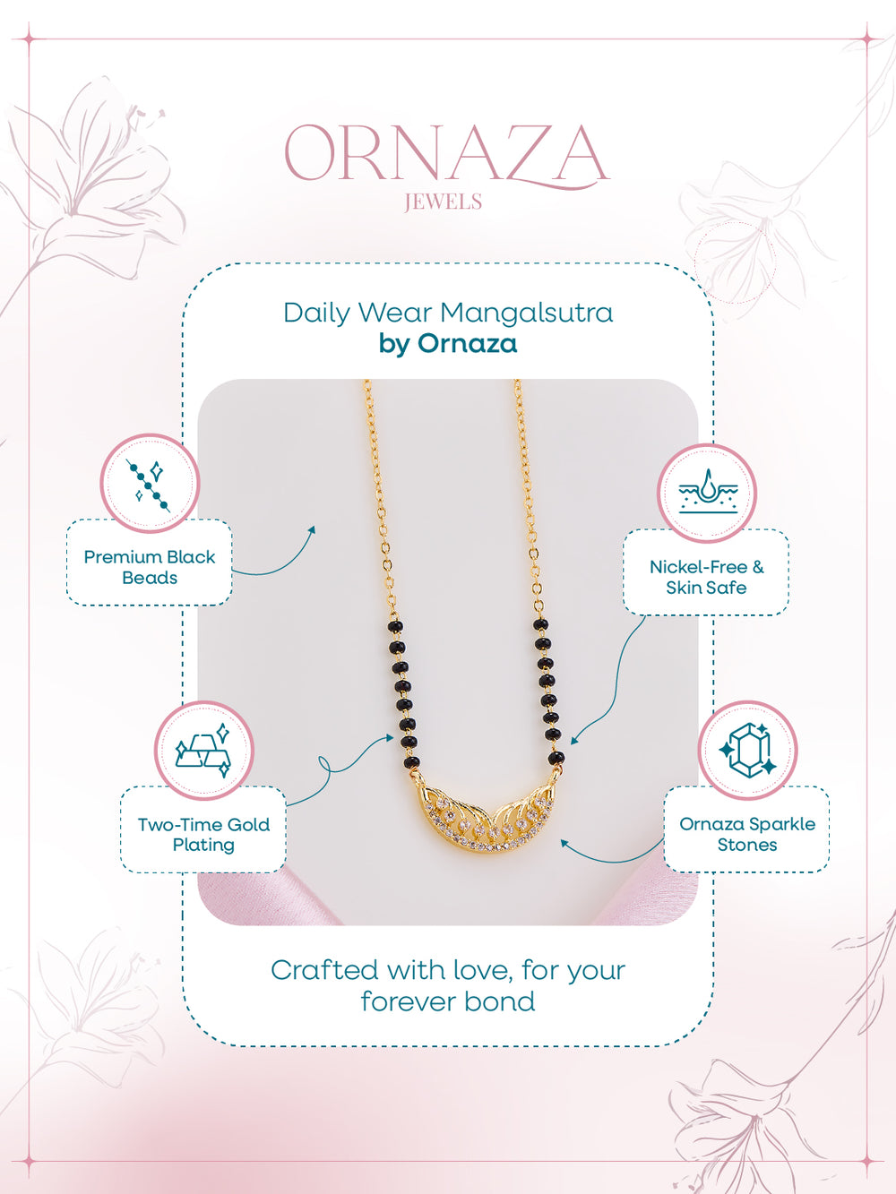 Gold necklace on a display card with 'Ornaza' branding and product features.