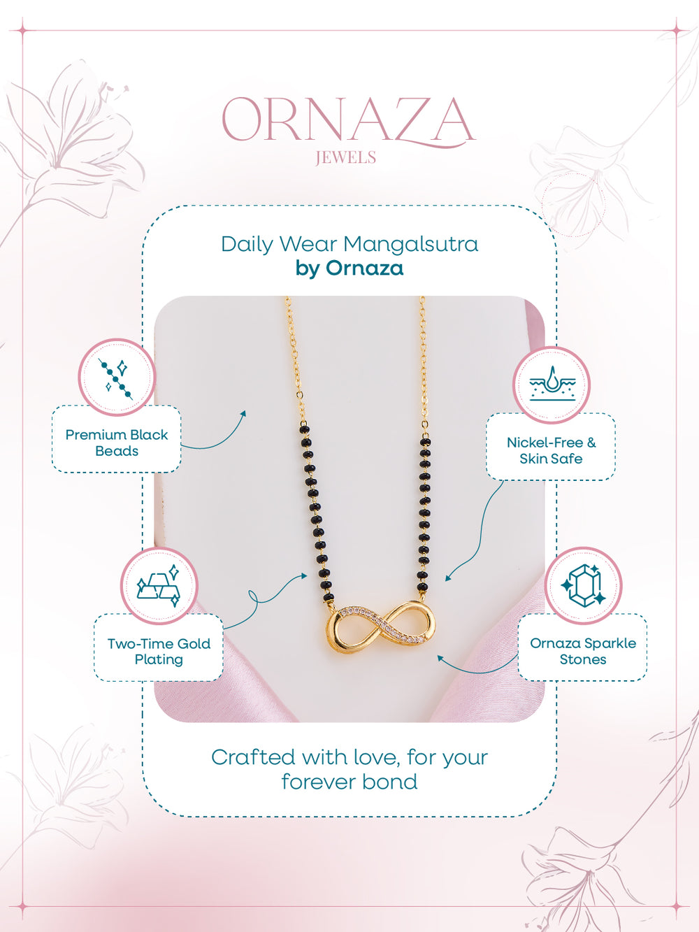 Mangalsutra necklace by Ornaza on a branded card with product features.