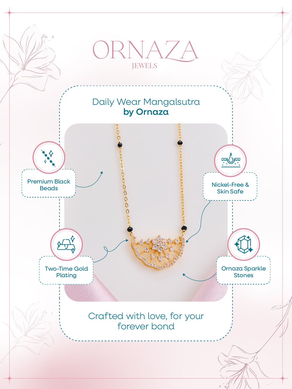 Gold necklace on a display card with 'Ornaza' branding and product features.