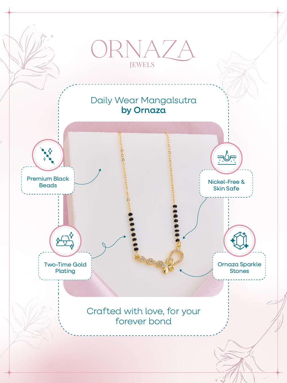 Ornaza Mangalsutra necklace on a display card with product features.