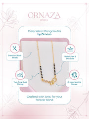 Ornaza Mangalsutra necklace on a display card with product features.