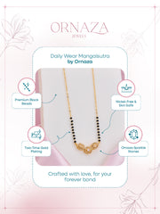 Ornaza Mangalsutra necklace on a display card with product features.