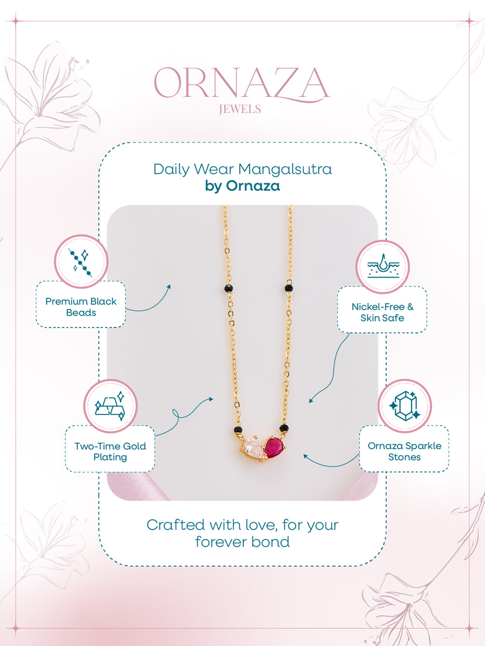 Ornaza Mangalsutra necklace on a display card with product features.