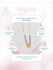 Ornaza Mangalsutra necklace on a white background with product features highlighted.