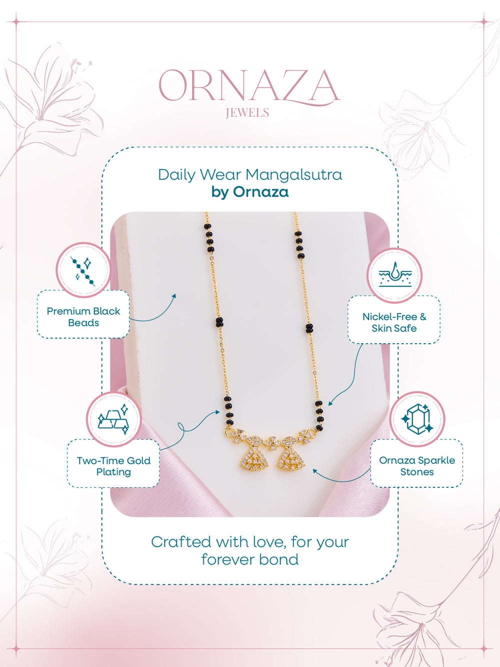 Ornaza Jewels Daily Wear Mangalsutra with product features on a pink background