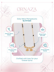 Ornaza Jewels Daily Wear Mangalsutra with product features on a pink background