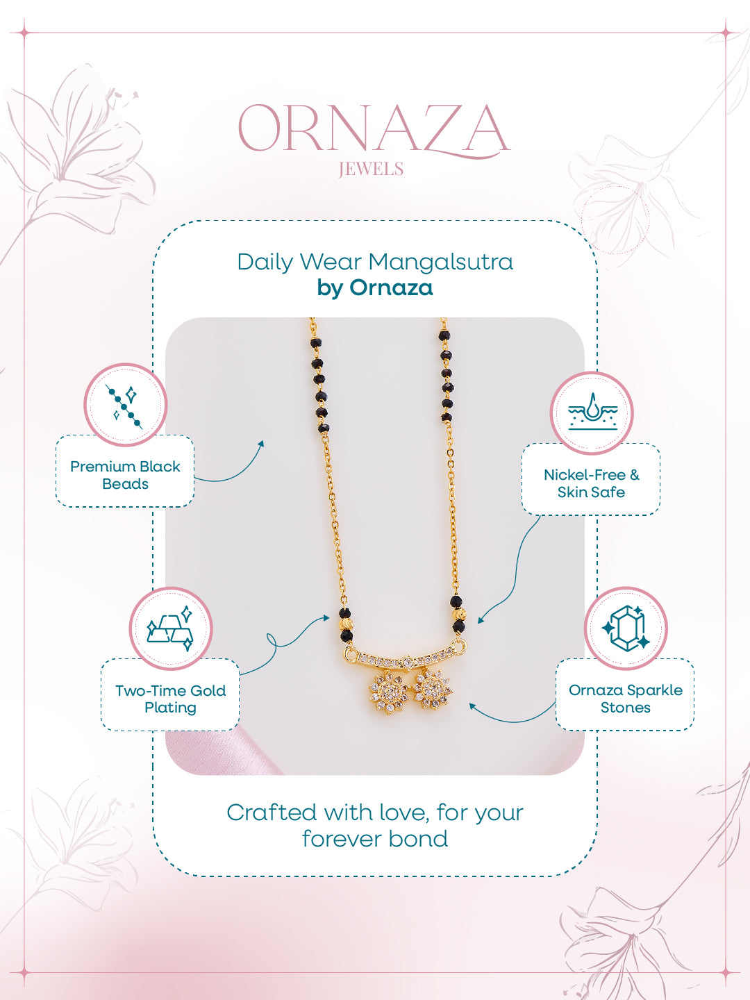 Gold necklace with black beads on a display card, featuring Ornaza Jewels branding.