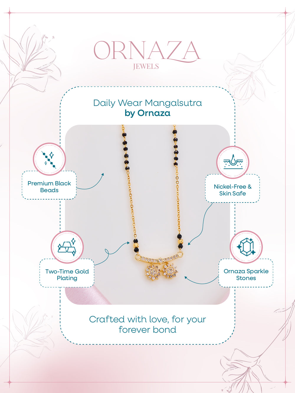 Gold necklace with black beads on a display card, featuring Ornaza Jewels branding.