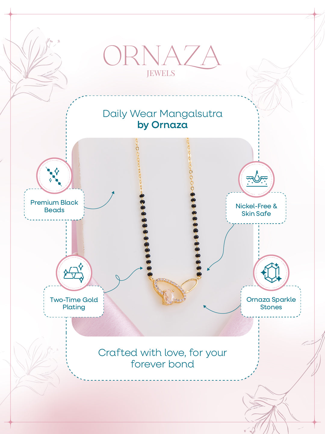 Mangalsutra necklace on a display card with 'Ornaza' branding and product features.