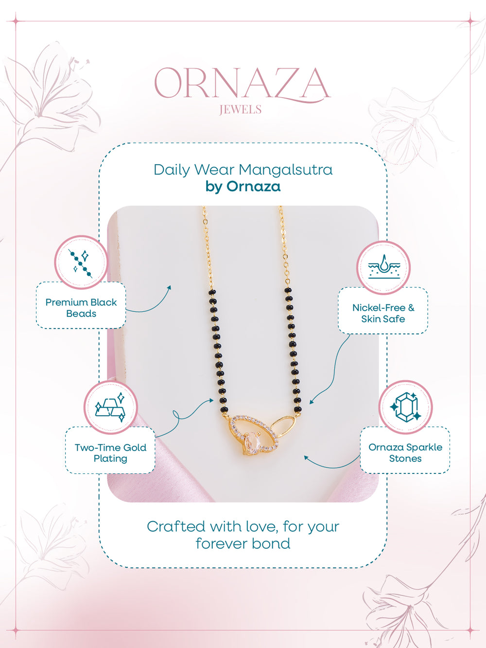 Mangalsutra necklace on a display card with 'Ornaza' branding and product features.