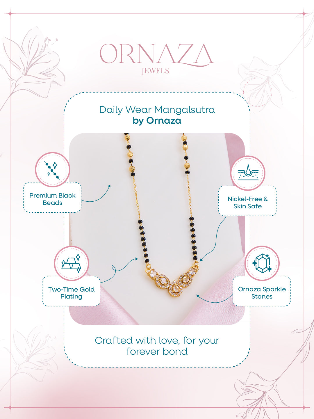 Ornaza Mangalsutra necklace on a pink cushion with brand details.