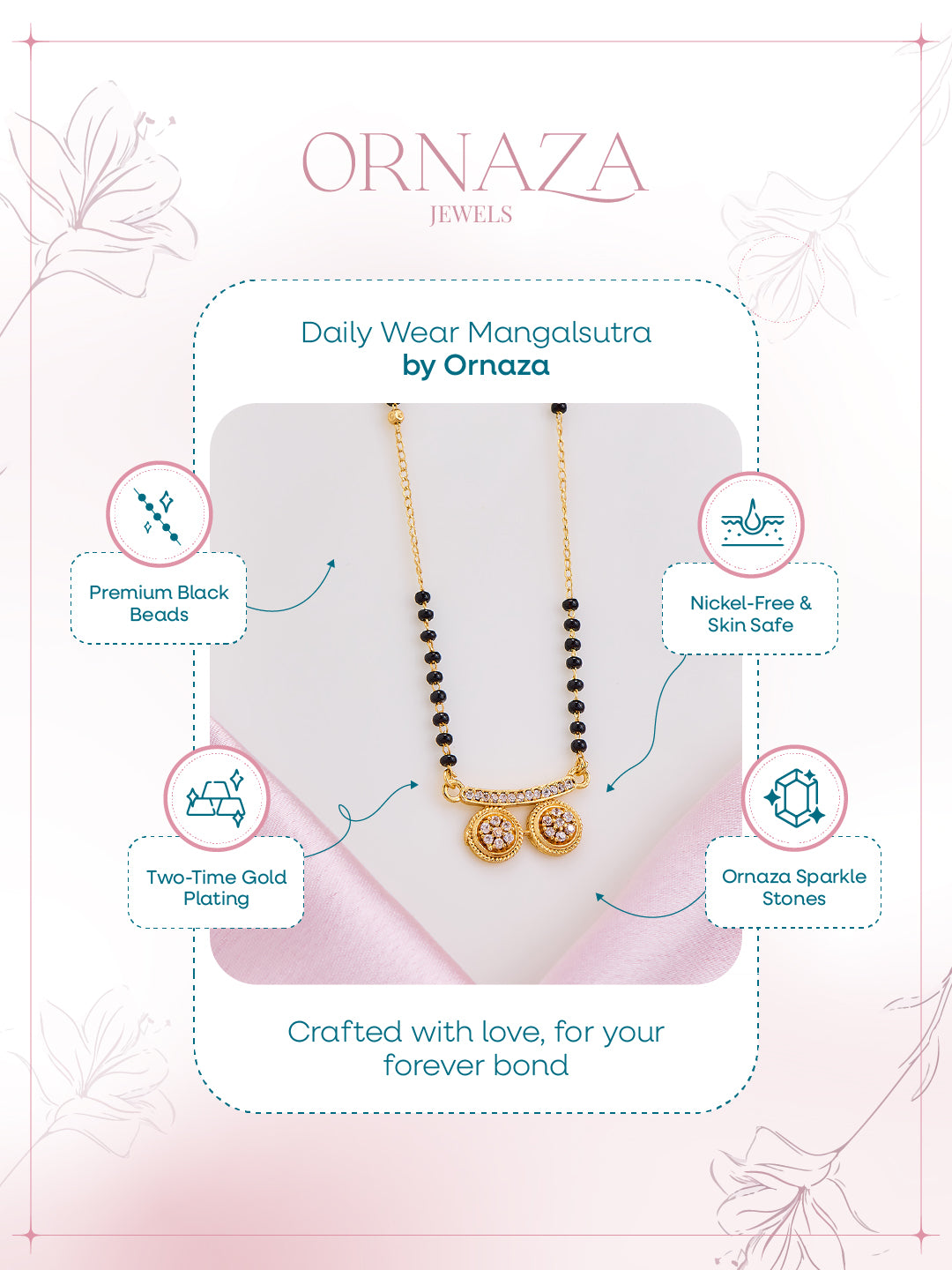 Ornaza Mangalsutra necklace on a mannequin with product features highlighted