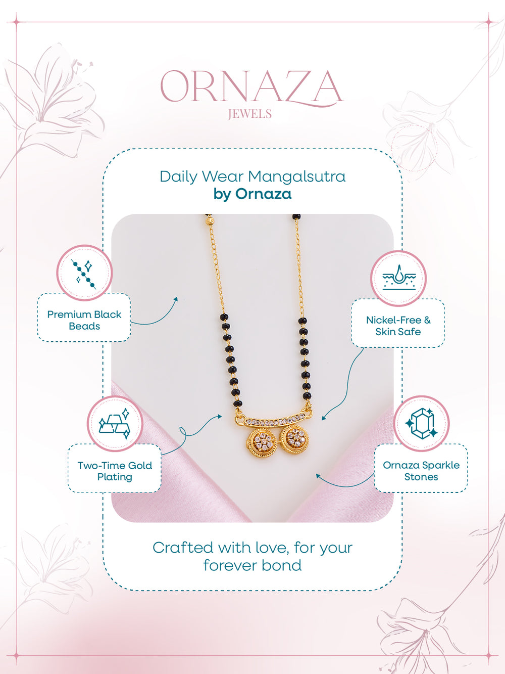 Ornaza Mangalsutra necklace on a mannequin with product features highlighted