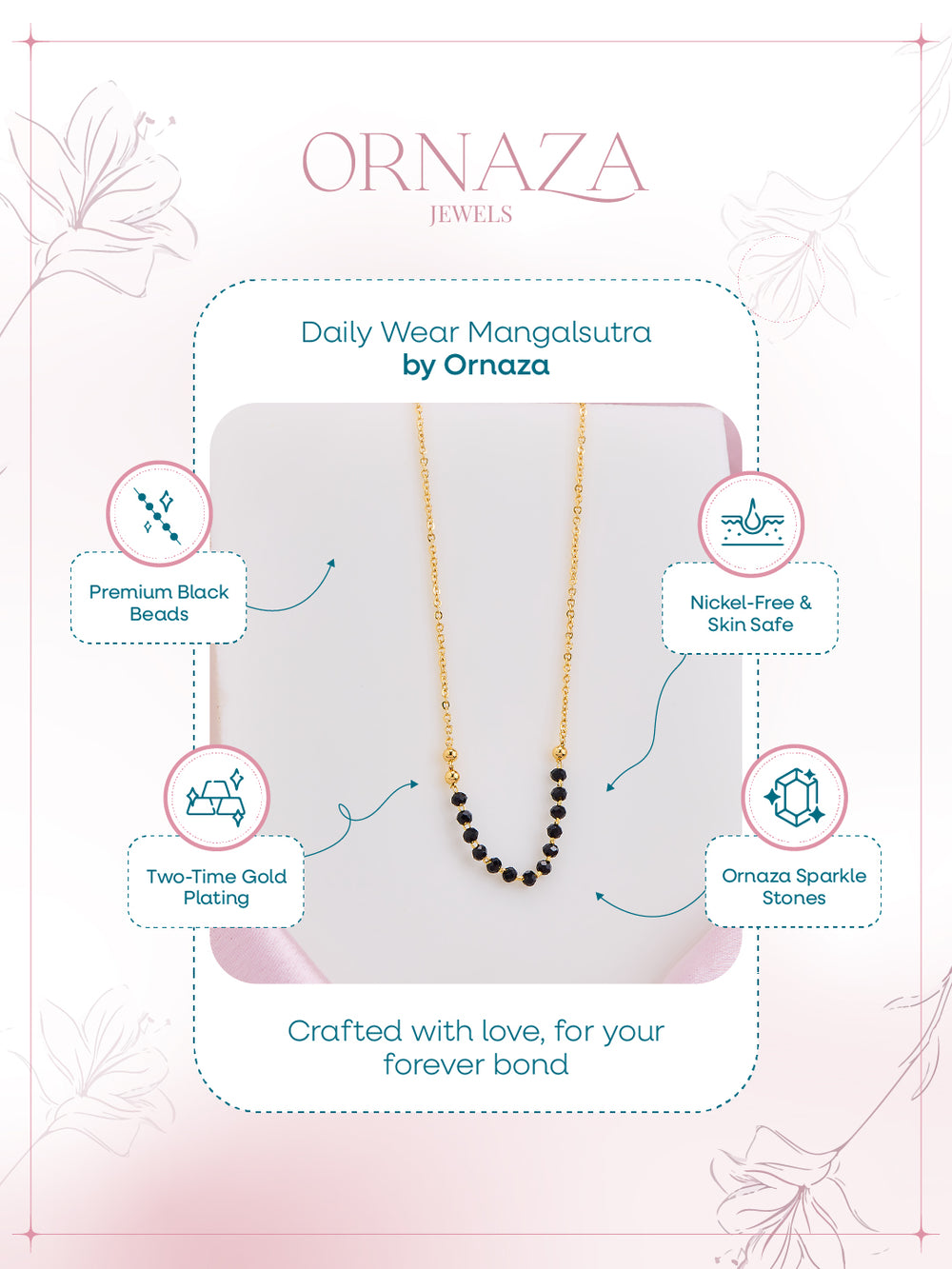 Mangalsutra necklace by Ornaza on a white background with product features highlighted.