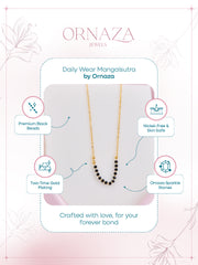 Mangalsutra necklace by Ornaza on a white background with product features highlighted.