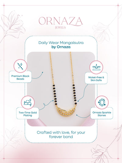 Gold necklace on a display card with 'Ornaza' branding and product features.