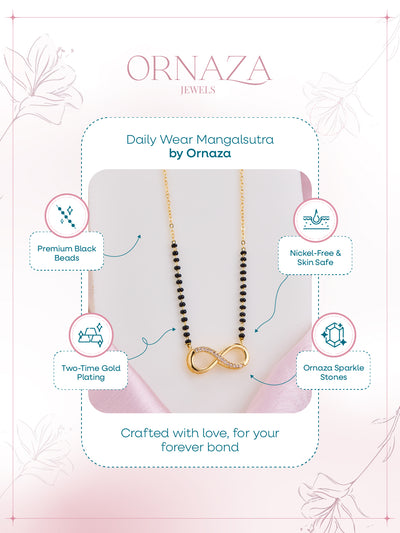 Mangalsutra necklace by Ornaza on a branded card with product features.