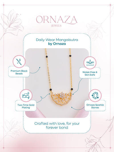 Gold necklace on a display card with 'Ornaza' branding and product features.