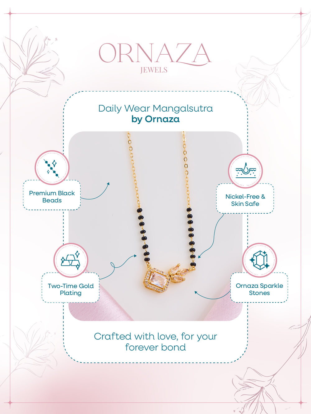 Ornaza Mangalsutra necklace on a display card with product features.