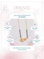 Ornaza Mangalsutra necklace on a display card with product features.