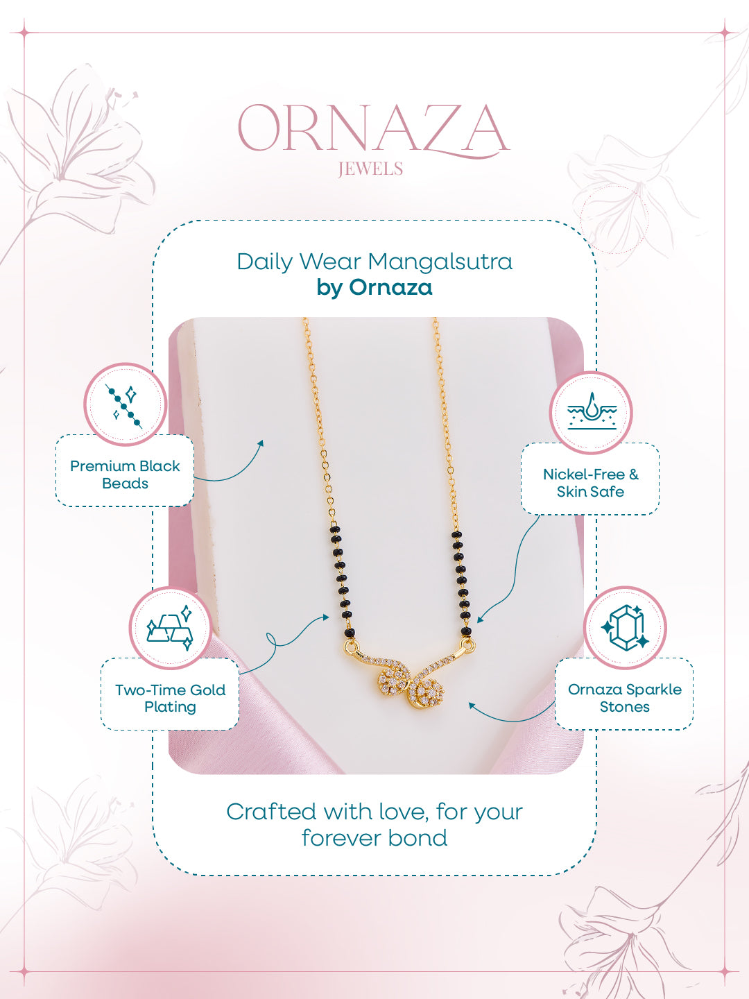 Ornaza Mangalsutra necklace on a pink card with product features highlighted