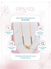 Ornaza Mangalsutra necklace on a pink card with product features highlighted
