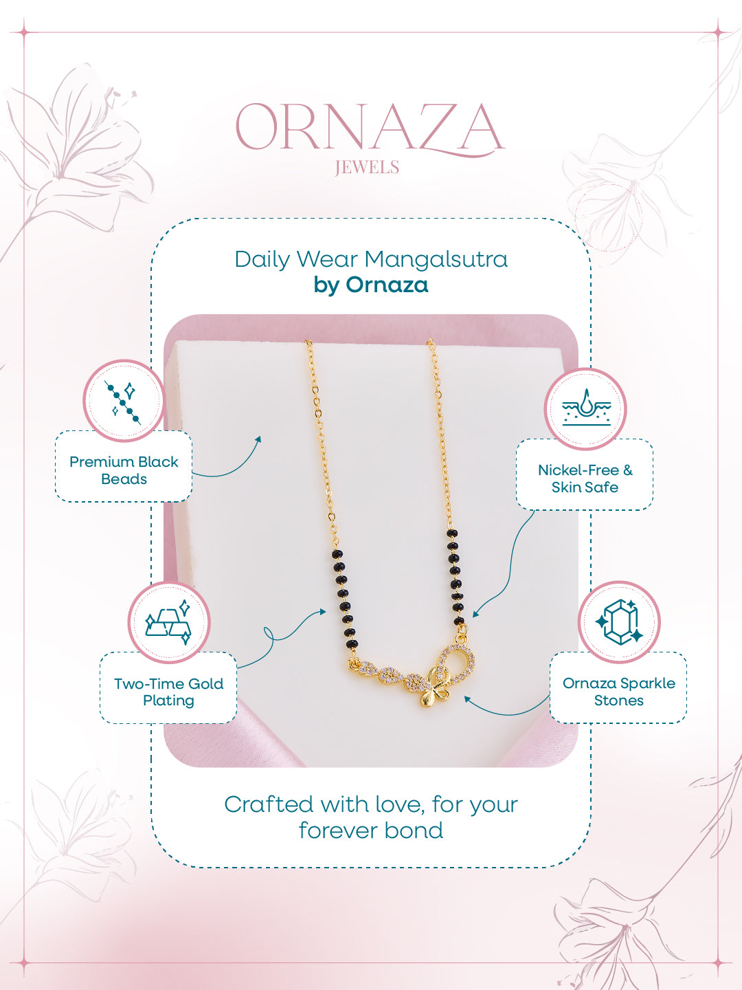 Ornaza Mangalsutra necklace on a display card with product features.