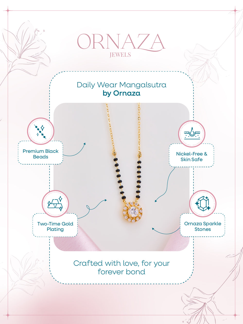 Mangalsutra necklace with product features on a branded background