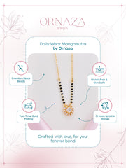 Mangalsutra necklace with product features on a branded background