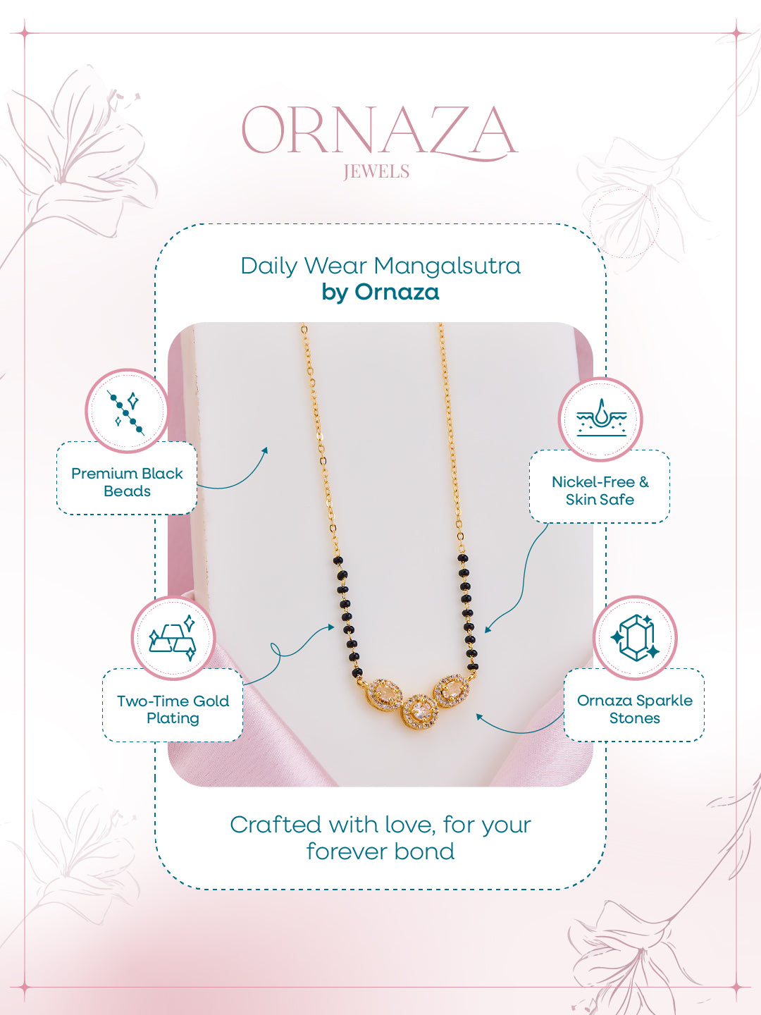 Ornaza Mangalsutra necklace on a display card with product features.