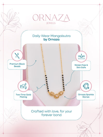 Ornaza Mangalsutra necklace on a display card with product features.