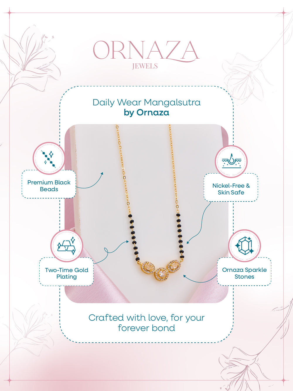 Ornaza Mangalsutra necklace on a display card with product features.