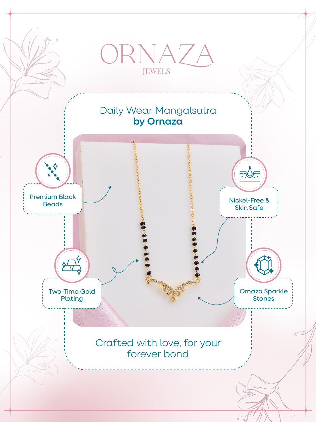 Necklace on display with 'Ornaza' branding and product features.
