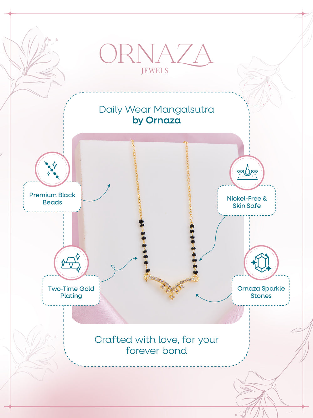Necklace on display with 'Ornaza' branding and product features.