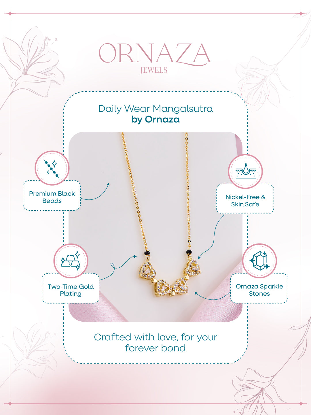 Gold necklace with black beads on a white background, featuring Ornaza Jewels branding.