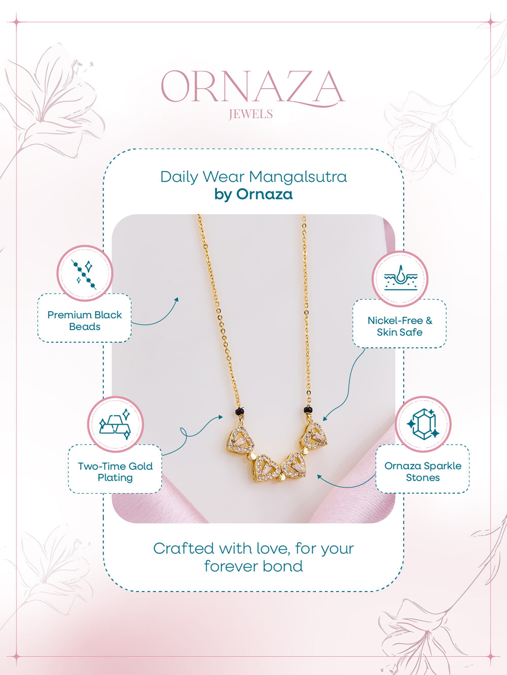 Gold necklace with black beads on a white background, featuring Ornaza Jewels branding.