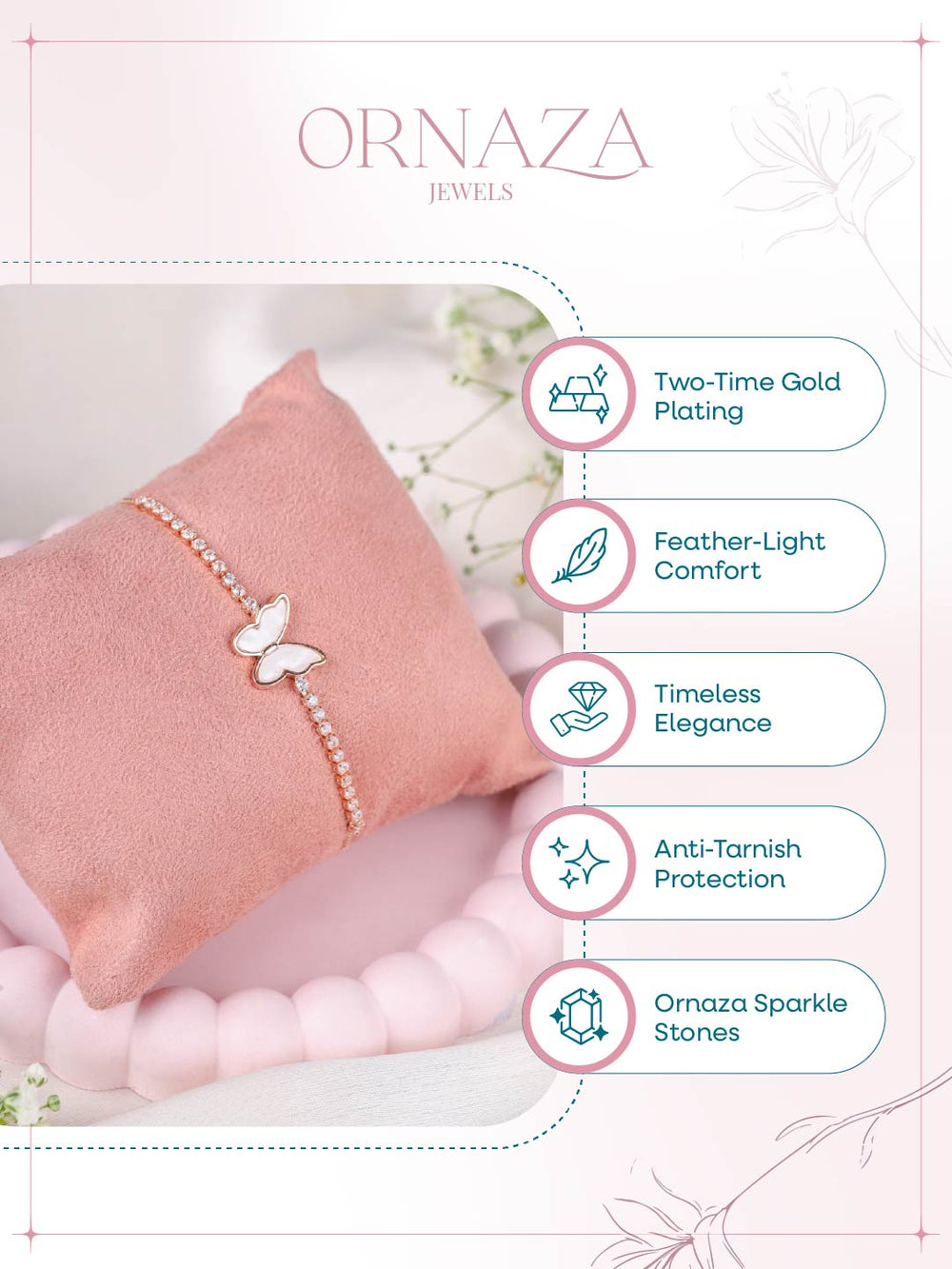 Butterfly bracelet on a pink pillow with Ornaza Jewels branding and feature text.