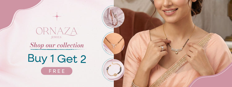 Woman wearing a necklace with Ornaza jewelry brand promotion text.